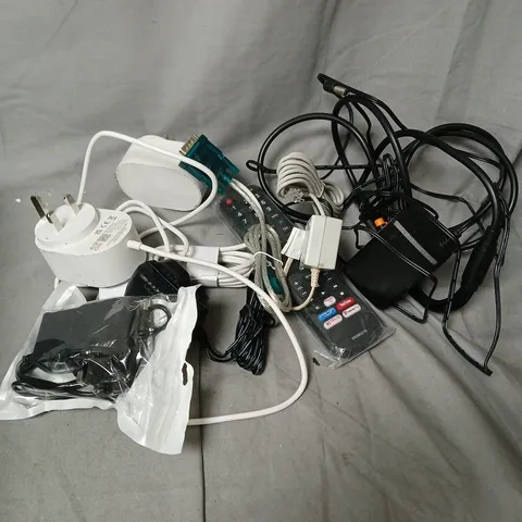 APPROXIMATELY 10 ASSORTED HOUSEHOLD ITEMS TO INCLUDE CABLES, REMOTES, CHARGERS, ETC
