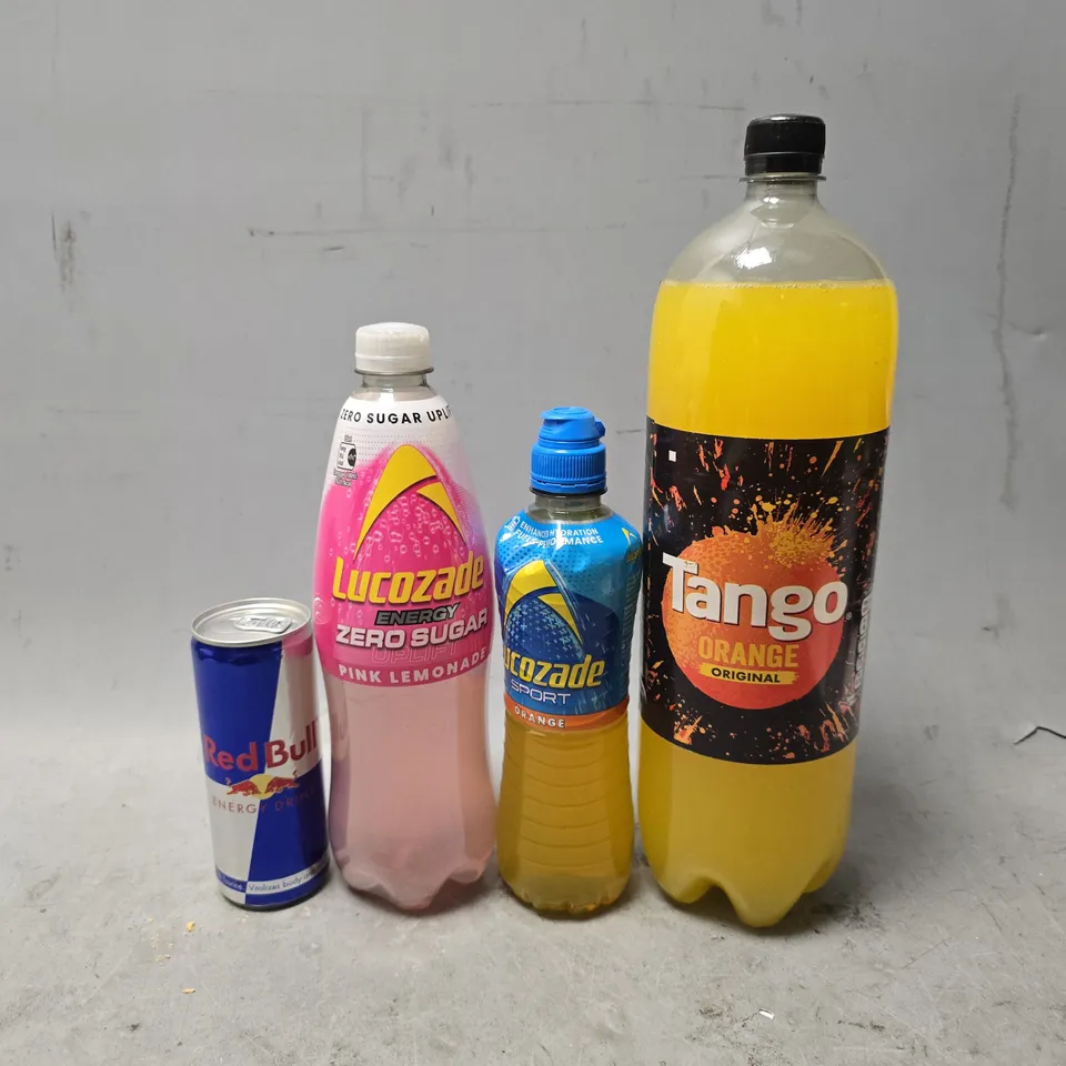 APPROXIMATELY 7 ASSORTED DRINKS ITEMS TO INCLUDE - RED BULL , TANGO ORANGE , RED BULL ETC