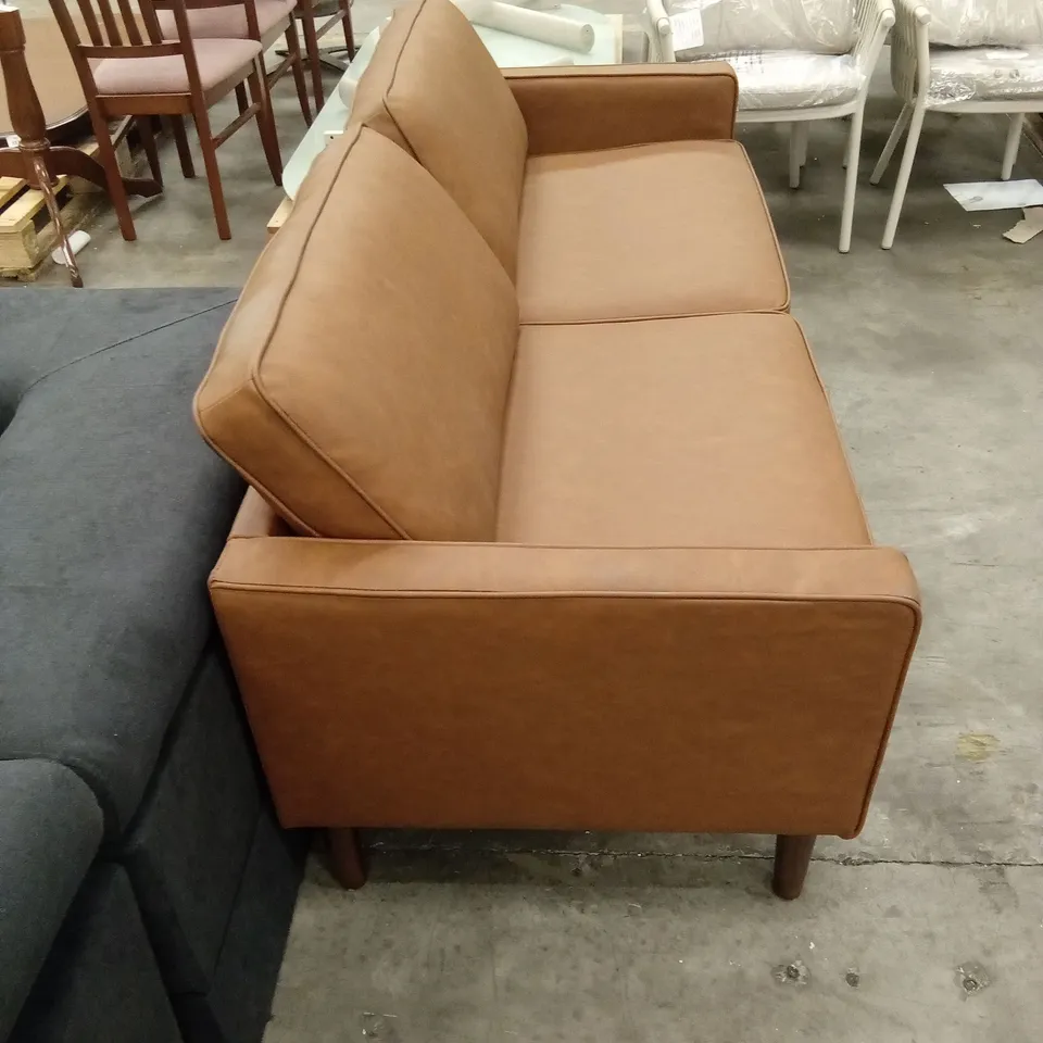 DESIGNER 3 SEATER FAUX LEATHER SOFA - TAN