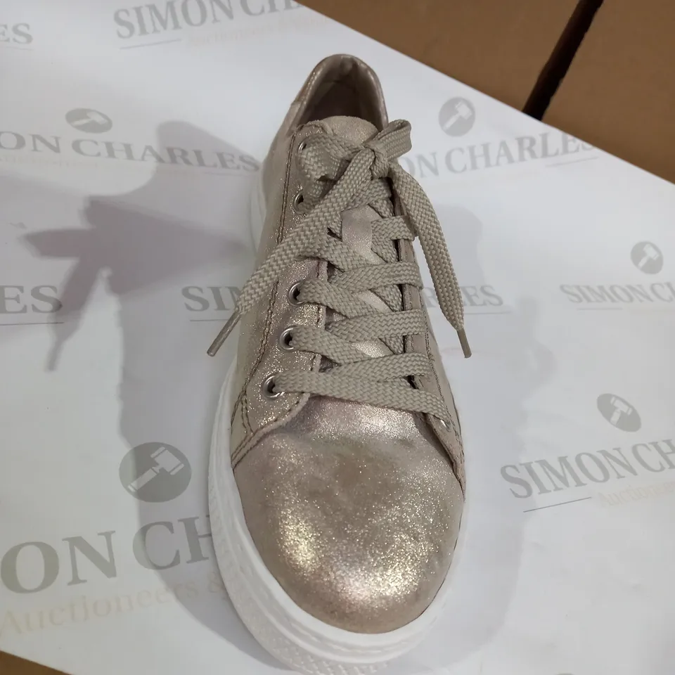 BOXED PAIR OF RIEKER GOLD METALLIC TRAINERS - SIZE 6.5