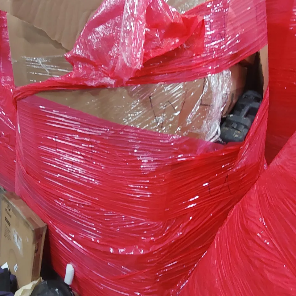 LARGE PALLET OF ASSORTED HOUSEHOLD PRODUCTS TO INCLUDE; JH 4350A DEMOLITION HAMMER, NON STICK WOK, BEDDING, PIPISHELL TOILET SEAT,  CROSSBOW AND HARRISON HOWARD RIDING ACCESSORY 