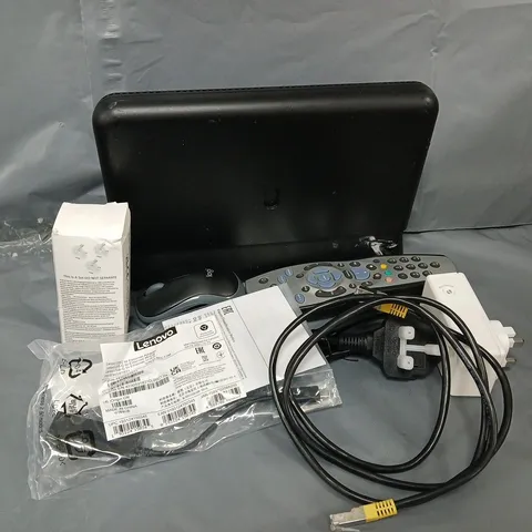APPROXIMATELY 10 ASSORTED HOUSEHOLD ITEMS TO INCLUDE CABLES, LENOVO ETHERNET ADAPTOR, EE ROUTER, ETC