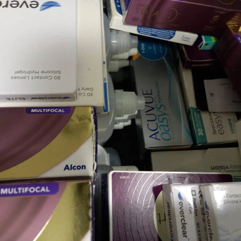 BOX OF APPROX 25 ASSORTED CONTACT LENSES AND CONTACT LENSE SOLUTIONS