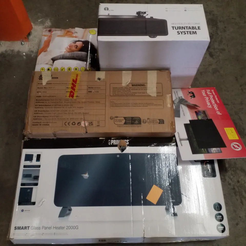 PALLET CONTAINING ASSORTED PRODUCTS INCLUDING GLASS PANEL HEATER, MONTESSORI WOODEN KITCHEN, HEATED CUSHION, TURNTABLE SYSTEM & PRIVACY SCREEN PROTECTOR 