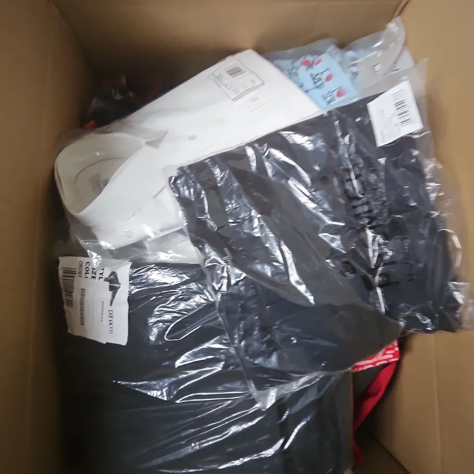 LARGE BOX OF APPROXIMATELY 25 ASSORTED CLOTHING ITEMS IN VARIOUS COLOURS, STYLES AND SIZES - COLLECTION ONLY