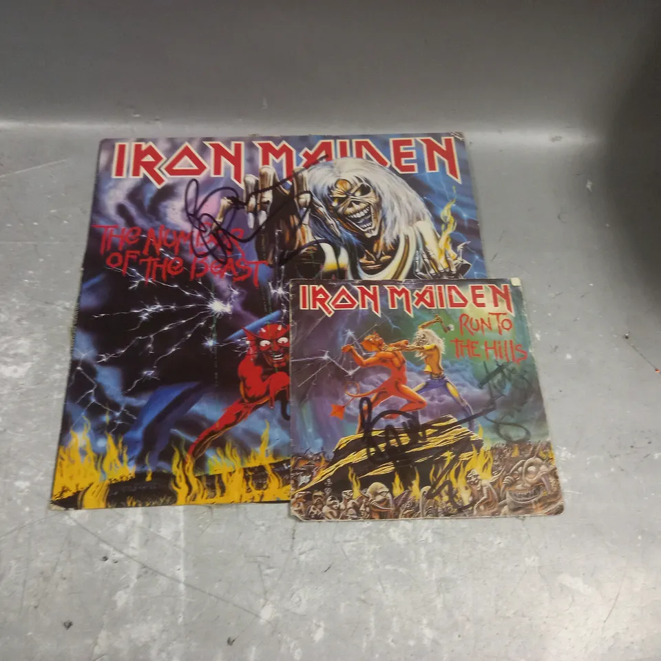 SIGNED IRON MAIDEN THE NUMBER OF THE BEAST AND RUN TO THE HILLS VINYL