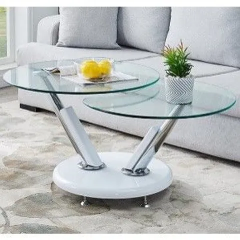 BRAND NEW BOXED TOKYO TWIST GLASS TOP COFFEE TABLE WITH WHITE HIGH GLOSS BASE 70-120×45×70CM (2 BOXES)