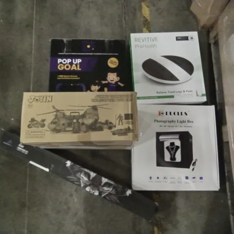 PALLET OF ASSORTED ITEMS INCLUDING POP UP GOAL, YONISEE OFFICE CHAIR, GAMING MOUSE PAD, DUCLUS PHOTOGRAPHY LIGHT BOX, REVITIVE PROHEALTH CIRCULATION BOOSTER 