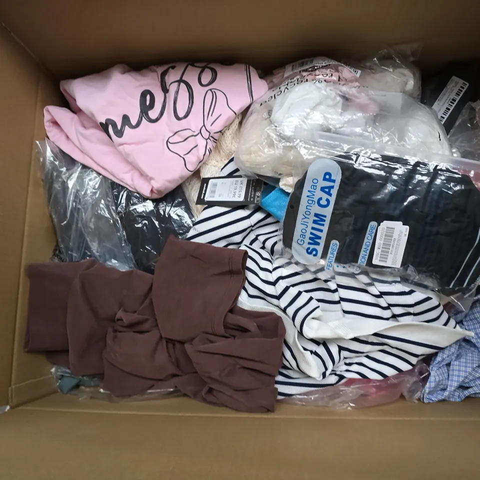 APPROXIMATELY 35 ASSORTED CLOTHING ITEMS IN VARIOUS SIZES, STYLES & COLOURS TO INCLUDE JACKETS, TOPS, SWIM CAP, ETC - COLLECTION ONLY