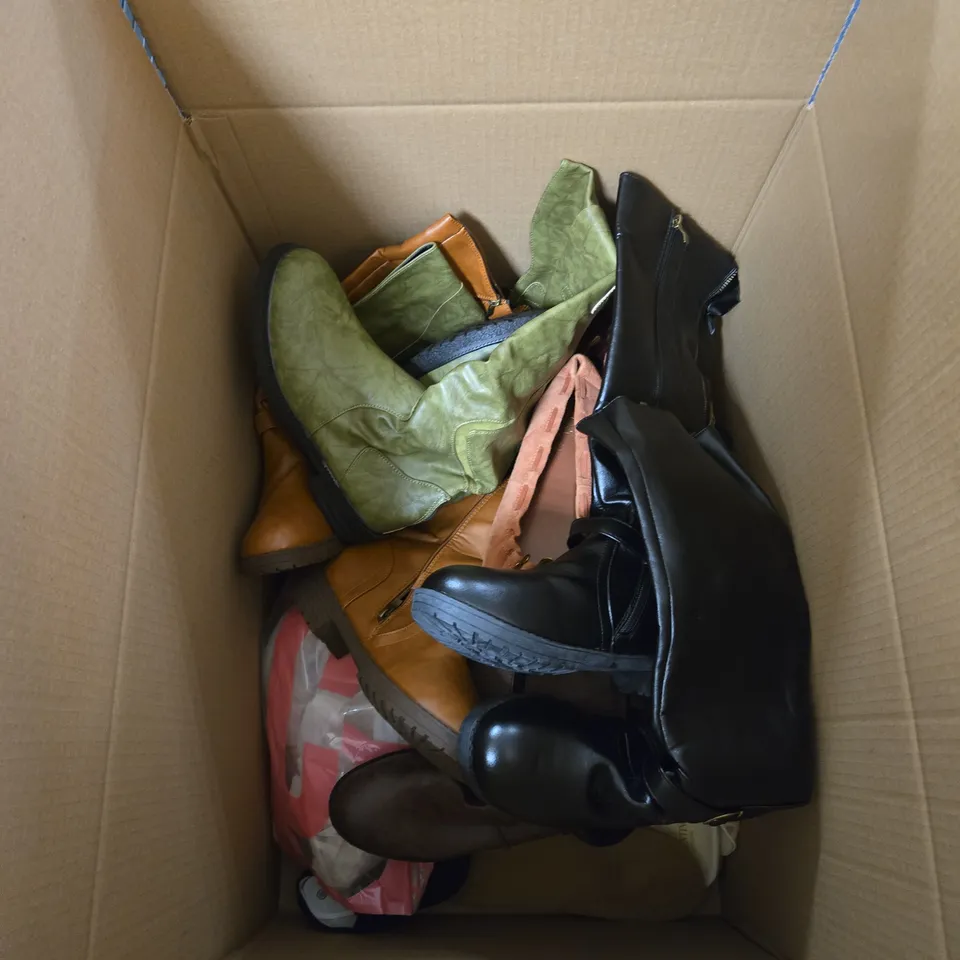 BOX OF APPROXIMATELY 10 ASSORTED PAIRS OF SHOES IN VARIOUS COLOURS, SIZES AND STYLES