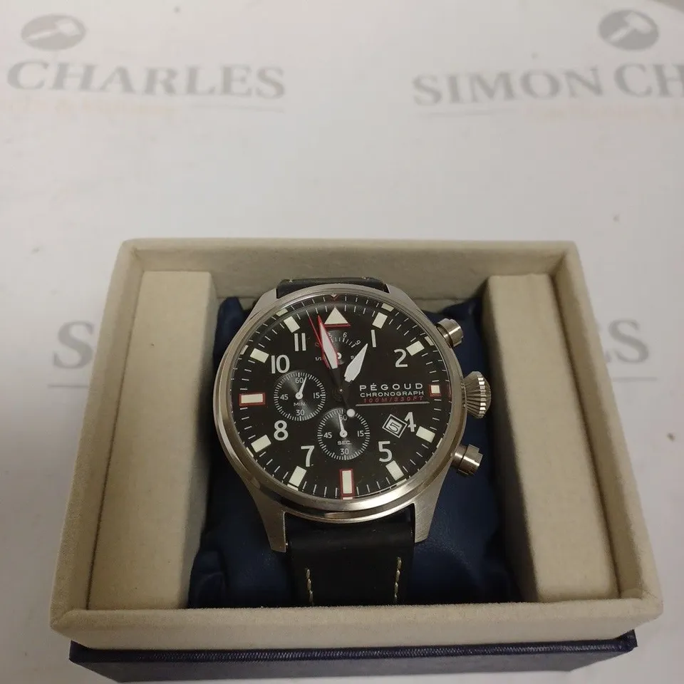 BOXED PEGOUD STAINLESS STEEL GENUINE LEATHER WATCH NAVY 