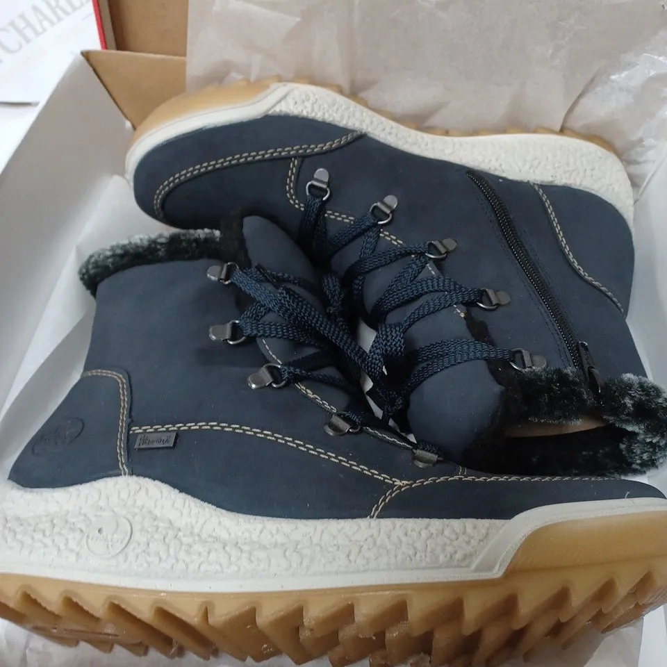 BOXED RIEKER WATER RESISTANT WARM HIKER BOOTS, NAVY - SIZE 7.5