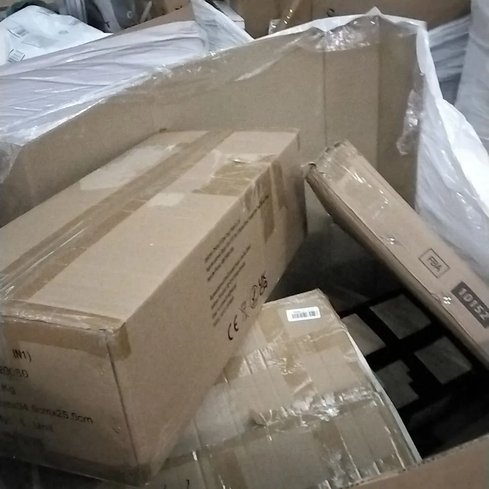 PALLET OF ASSORTED ITEMS INCLUDING FOLDING CAT LITTER BOX, FAMILY TENT, LONG ARM TV WALL MOUNT, YELLOW LUGGAGE CARRIER AND RED LANTERN