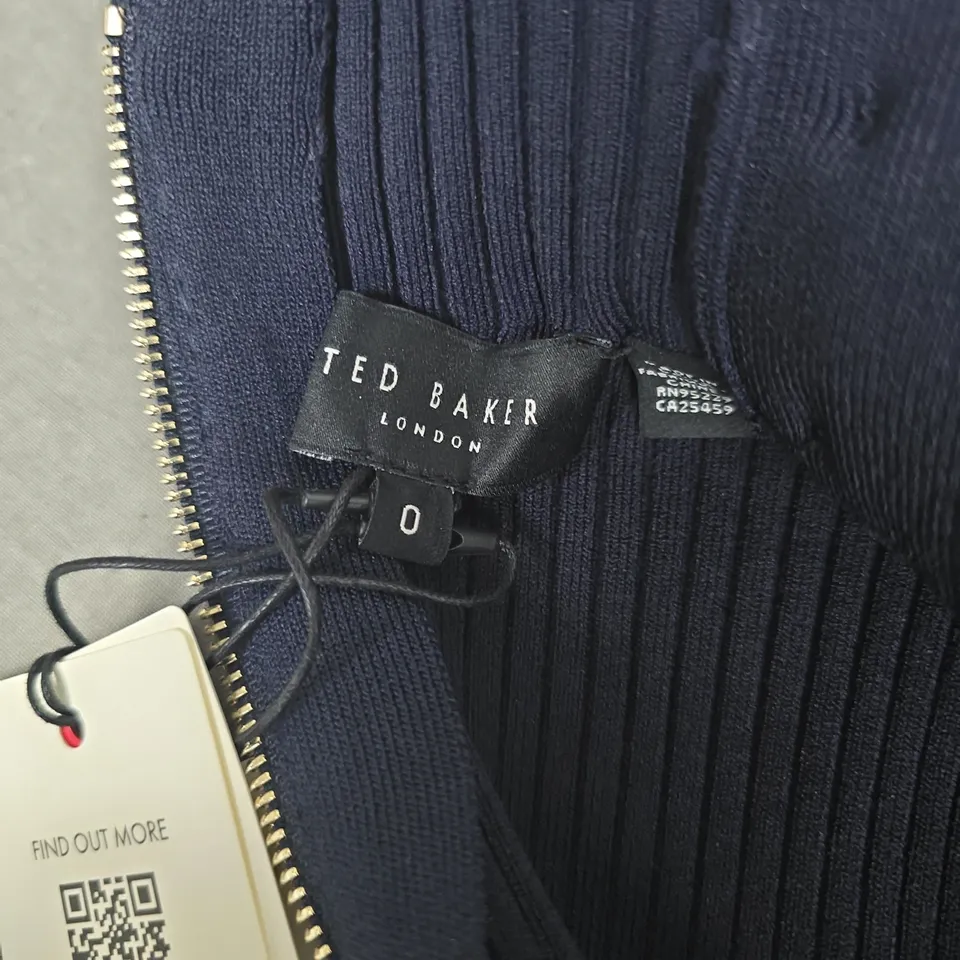 TED BAKER LONDON RIBBED KNIT BUTTON DETAIL SKATER DRESS – NAVY, SIZE 0