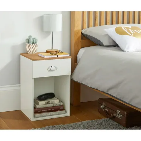 BOXED OVIEDO MANUFACTURED WOOD BEDSIDE TABLE - CREAM & OAK (1 BOX)