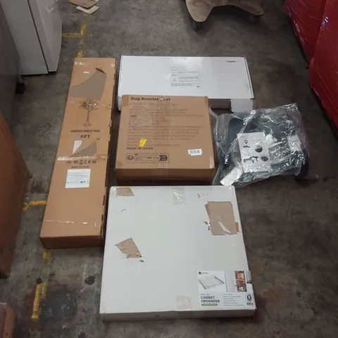 PALLET OF ASSORTED ITEMS INCLUDING: SHOWER MIXER SYSTEM, DOG BOOSTER SEAT, LIGHTED ARTIFICIAL BIRCH TREE, PULL OUT CABINET ORGANIZER, WHEELED TROLLEY CART ECT