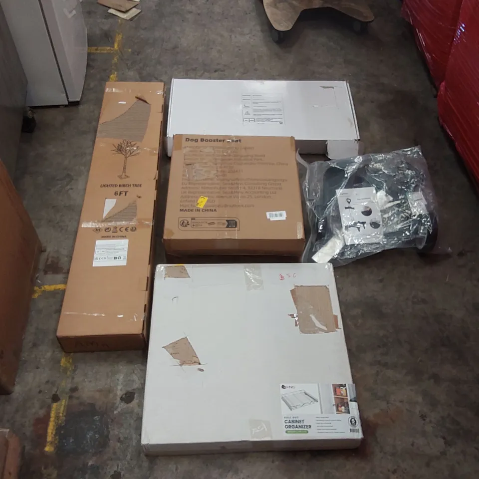 PALLET OF ASSORTED ITEMS INCLUDING: SHOWER MIXER SYSTEM, DOG BOOSTER SEAT, LIGHTED ARTIFICIAL BIRCH TREE, PULL OUT CABINET ORGANIZER, WHEELED TROLLEY CART ECT