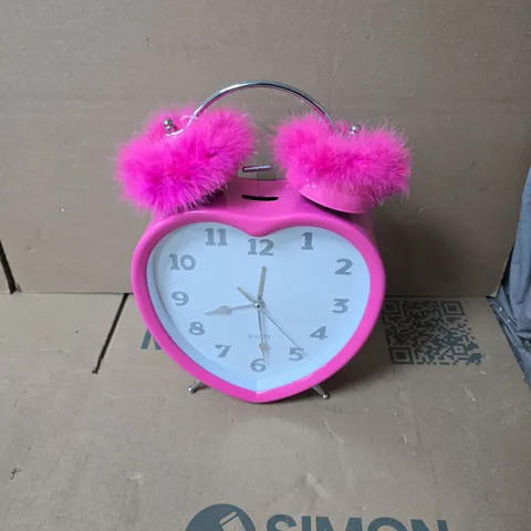 PINK HEART-SHAPED ALARM CLOCK WITH TWIN PINK FLUFFY BELLS