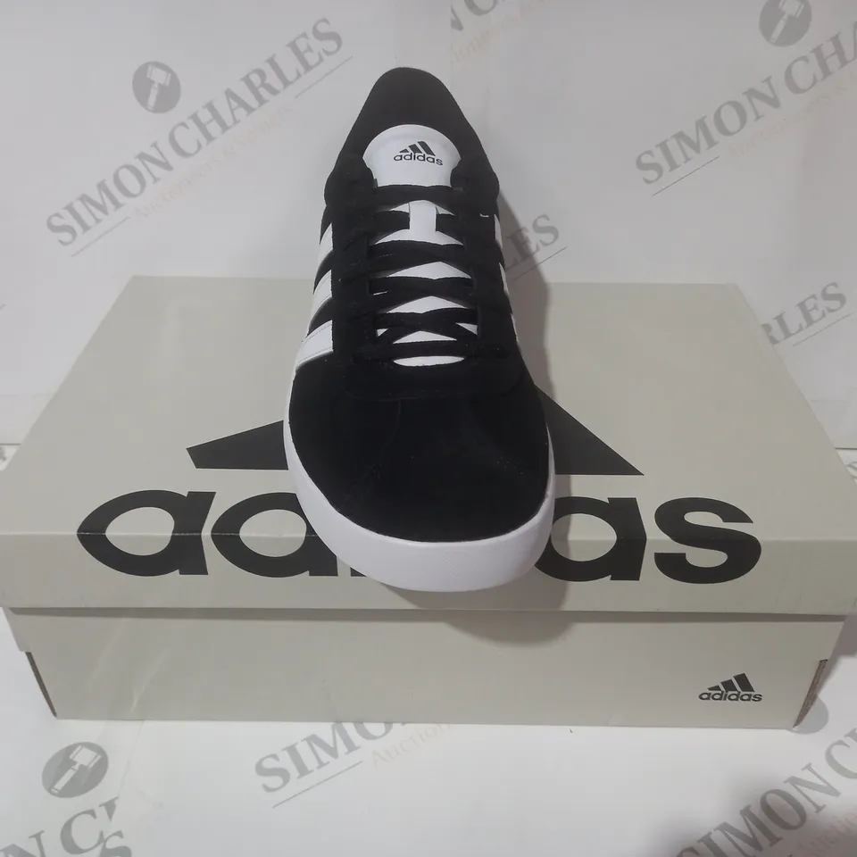 BOXED PAIR OF ADIDAS VL COURT 3.0 K SHOES IN BLACK/WHITE UK SIZE 5