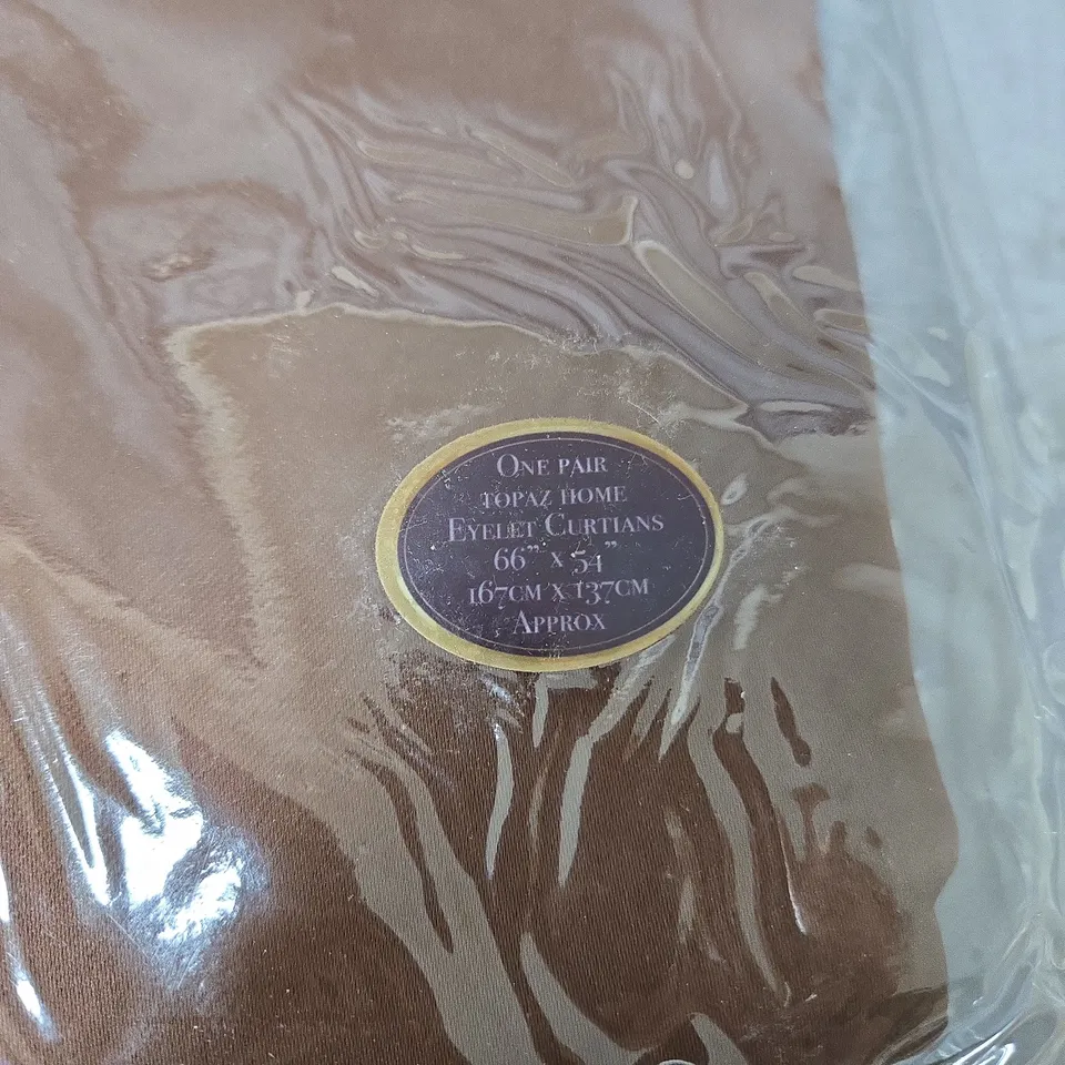 TOPAZ HOME EYELET CURTAINS IN BROWN – SILKY FEEL BLACK OUT READY MADE, ONE PAIR, 66 X 54 IN (167 X 137 CM)