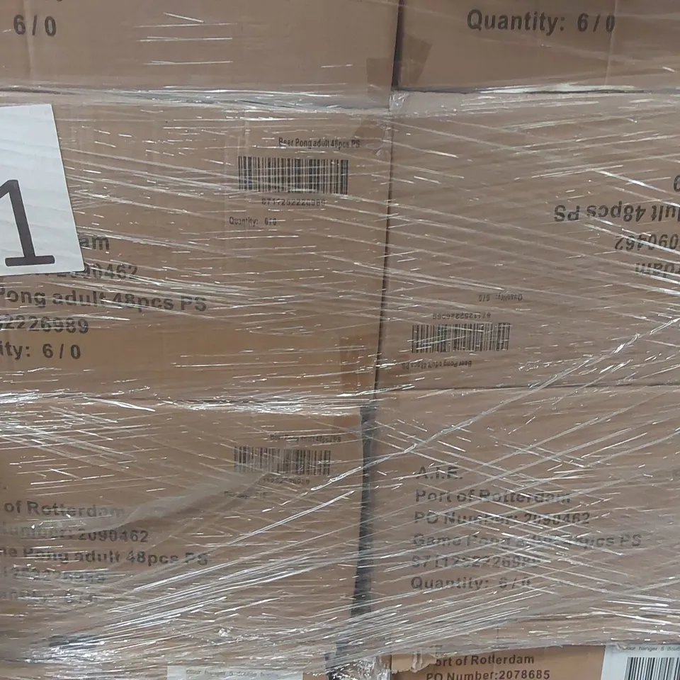 PALLET TO CONTAINING A VERY LARGE QUANTITY OF ASSORTED ITEMS INCLUDING: BEER PONG SETS, DOOR HANGERS ECT