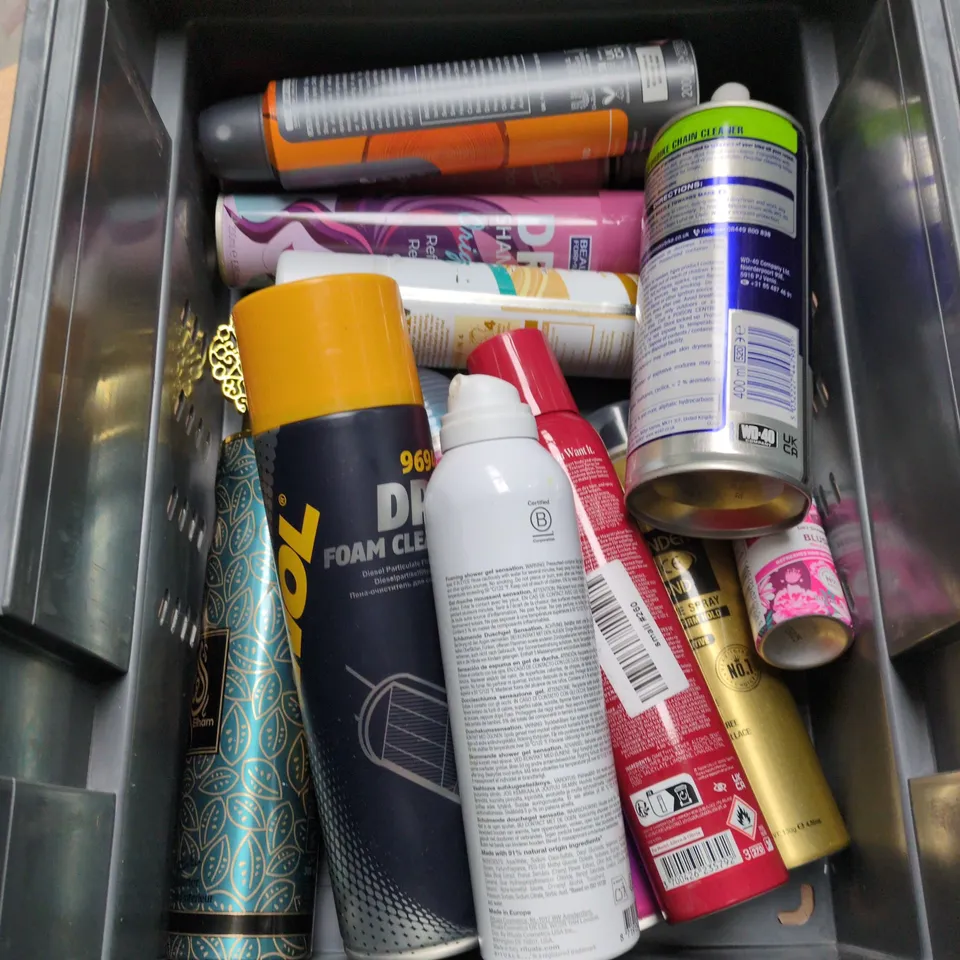 APPROXIMATELY 15 ASSORTED AEROSOLS TO INCLUDE SOLTAN SUNCARE MIST, INVISIBLE WINDOW FOAMING GLASS CLEANER AND LYNX BODY SPRAY