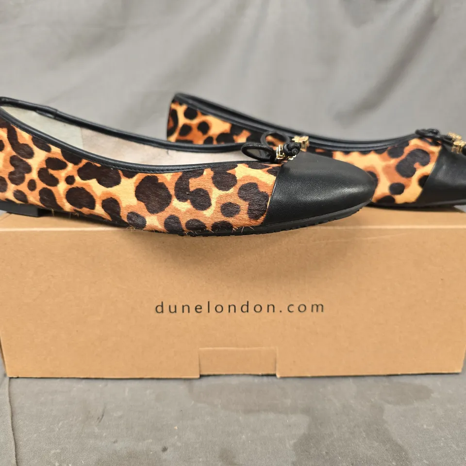 BOXED PAIR OF DUNE 488WF HALL LEOPARD PRINT BALLET SHOES SIZE 6