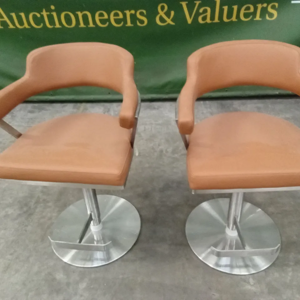 SET OF 2 FIRENZA BAR STOOLS IN TAN PU LEATHER AND CHROME BASE