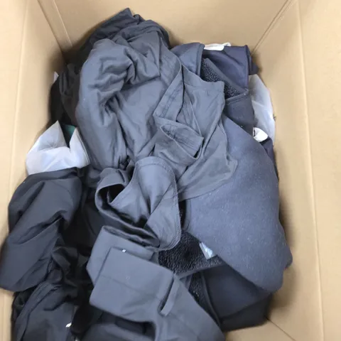 LARGE BOX OF ASSORTED CLOTHING ITEMS IN VARIOUS COLORS, STYLES AND SIZES 