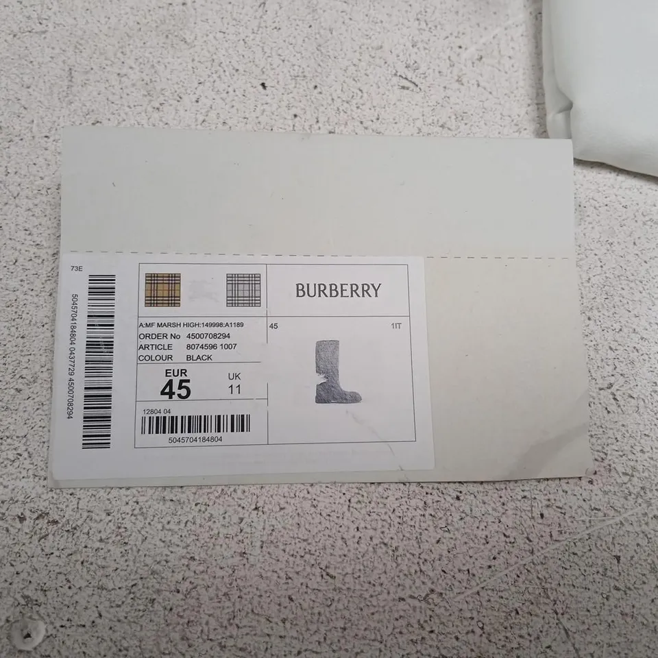 BURBERRY BLACK KNEE-HIGH RUBBER BOOTS, UK 11 (EU 45)