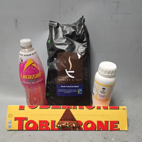 APPROXIMATELY 9 ASSORTED FOOD & DRINK ITEMS TO INCLUDE - LUCOZADE PINK LEMONADE , SPILLER & TAIT SOUTH AMERICAN BLEND ETC