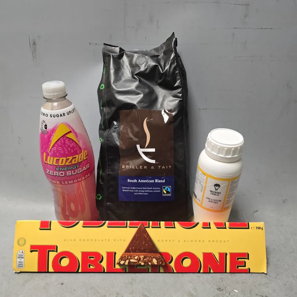 APPROXIMATELY 9 ASSORTED FOOD & DRINK ITEMS TO INCLUDE - LUCOZADE PINK LEMONADE , SPILLER & TAIT SOUTH AMERICAN BLEND ETC