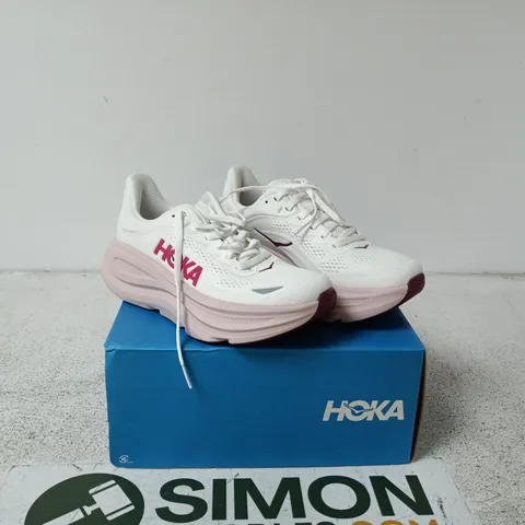 HOKA BONDI 9 RUNNING SHOES – UK 4.5, WHITE/PINK OPAL – BOXED