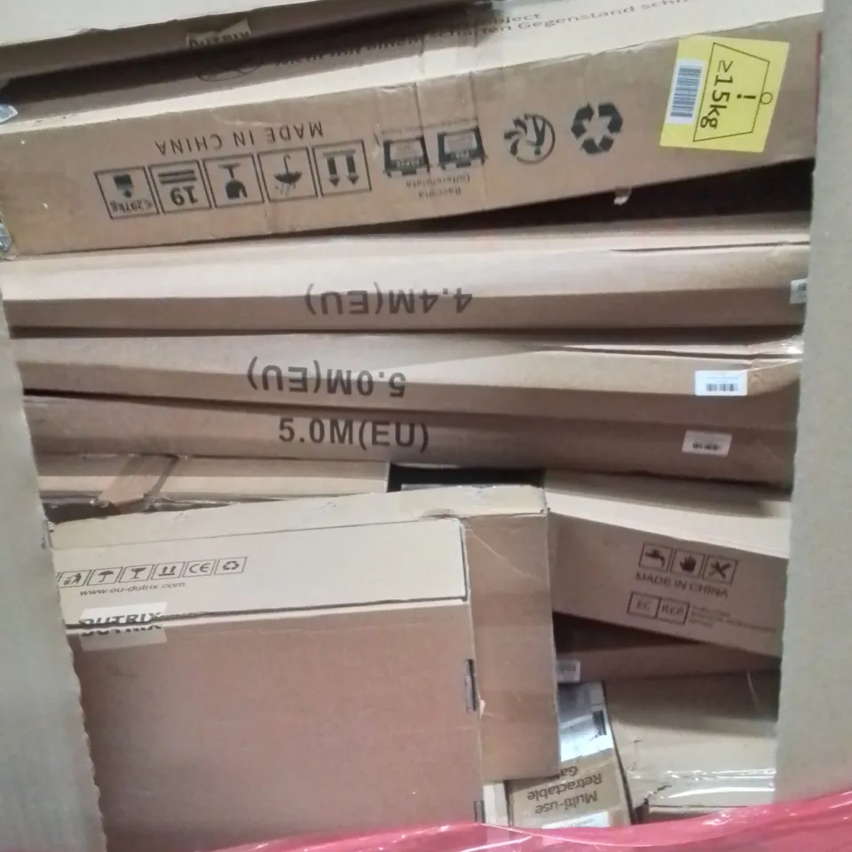 PALLET CONTAINING VARIOUS ASSORTED BOXED HOUSEHOLD ITEMS TO INCLUDE: SHOWER SYSTEMS, RETRACTABLE SAFETY GATES, TRUNKI RIDE ON AND LOTS MORE UNMARKED BOXED ITEMS 