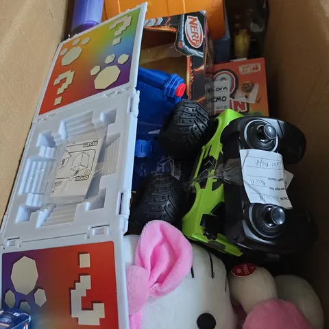 BOX OF APPROXIMATELY 10 ASSORTED TOYS INCLUDING HELLO KITTY PLUSH TOY , DISNEY WISH VALENTINO FIGURE AND REMOTE CONTROL CAR