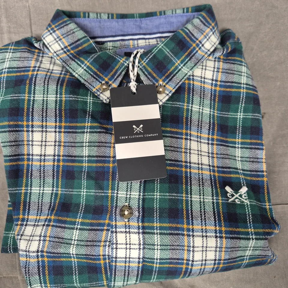 CREW CLOTHING COMPANY LONG SLEEVE MILLER CHECK FLANNEL SHIRT IN BLUE/GREEN/WHITE SIZE LARGE