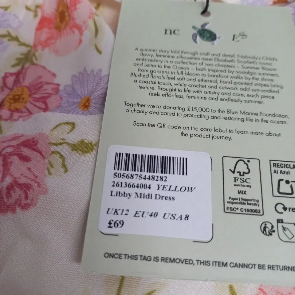 NOBODY'S CHILD × ELIZABETH SCARLETT LIBBY MIDI DRESS – YELLOW FLORAL, UK12