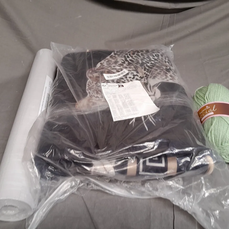 LARGE BOX OF ASSORTED HOUSEHOLD ITEMS TO INCLUDE YARNS OF WOOL, BOXED FURNITURE AND WALLPAPER