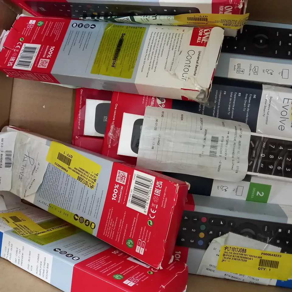 APPROXIMATELY 13 ASSORTED ONE FOR ALL TELEVISION REMOTES TO INCLUDE UNIVERSAL REMOTE AND LG REPLACEMENT REMOTE 