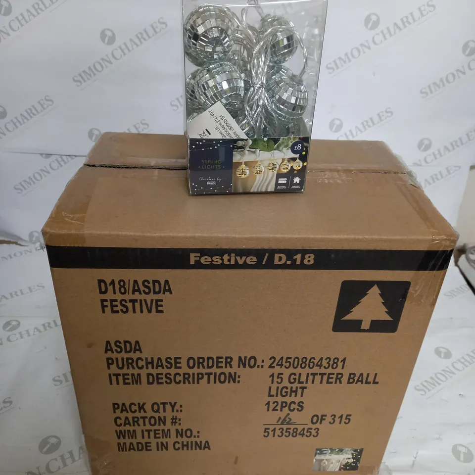 BOX OF 12 PACKS OF GEORGE HOME GLITTER BALL STRING LIGHTS IN SILVER