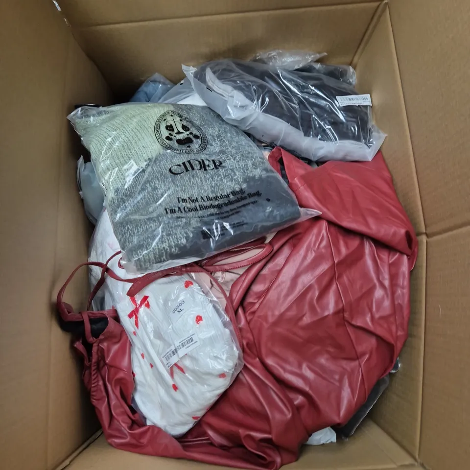 LARGE BOX OF ASSORTED CLOTHING ITEMS IN VARIOUS SIZES, STYLES AND COLOUR - COLLECTION ONLY