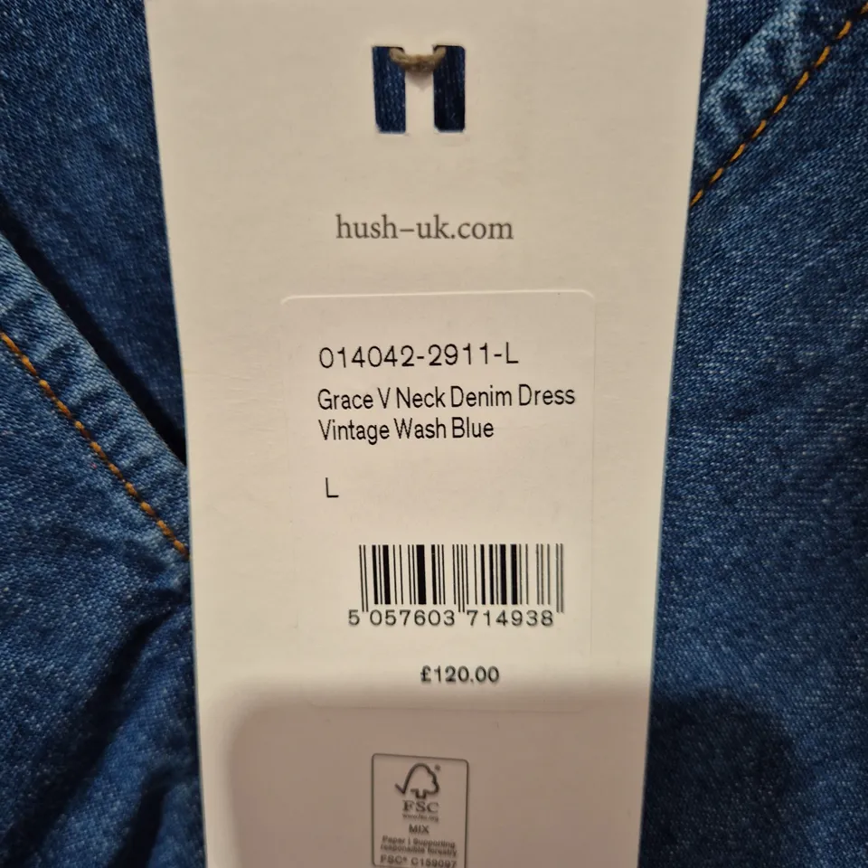 HUSH GRACE V-NECK DENIM DRESS – VINTAGE WASH BLUE, WOMEN'S UK L