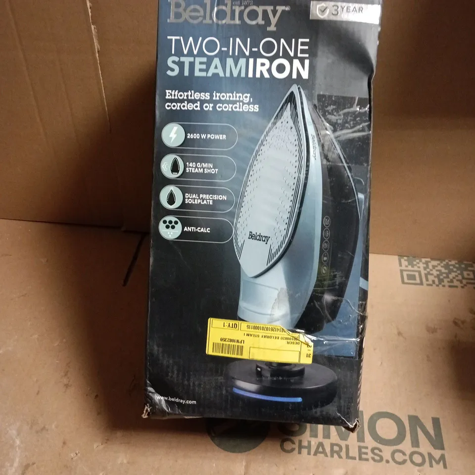 BELDRAY TWO-IN-ONE STEAM IRON – CORDED OR CORDLESS, 2600W
