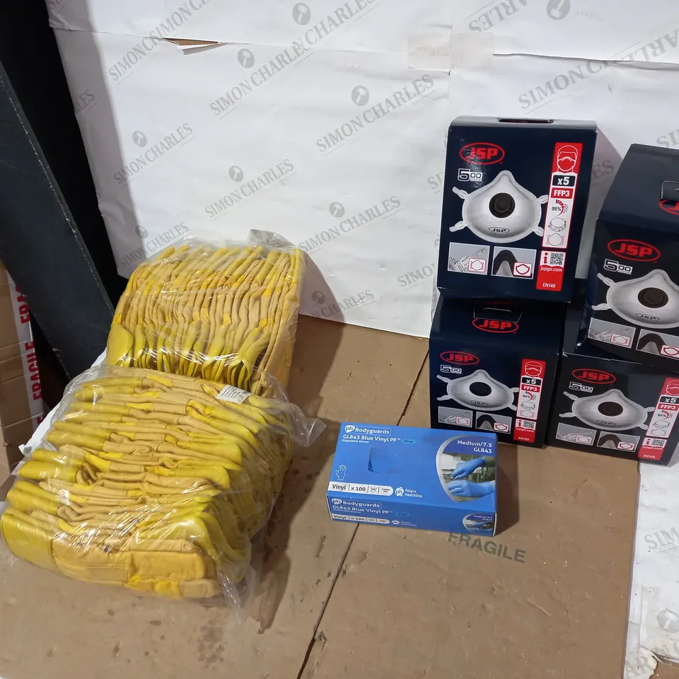 BOX OF APPROXIMATELY 7 ASSORTED HEALTH AND SAFETY ITEMS TO INCLUDE 4X JSP 500 SERIES FFP3 MASK PACKS, PH BODY GUUARDS BLUE VINYL DISPOSABLE GLOVES AND 2X PACKS OF GLACIER INSULATED YELLOW GLOVES