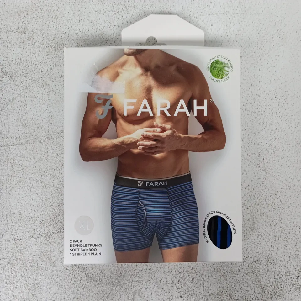 FARAH MEN’S 2-PACK KEYHOLE TRUNKS – SOFT BAMBOO, BLUE STRIPED, UK XL