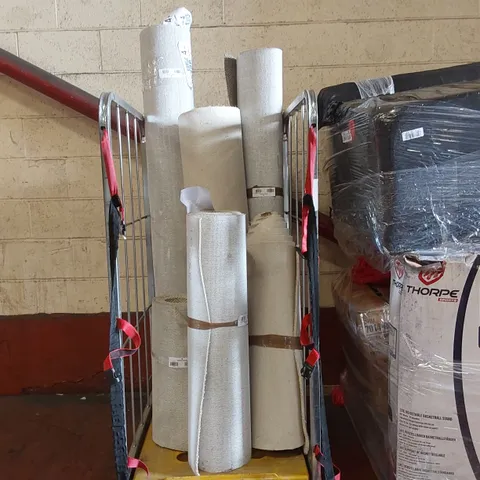 CAGE CONTAINING APPROXIMATELY 6 SMALL CARPET ROLLS/CARPET CUT OFFS (CAGE NOT INCLUDED)