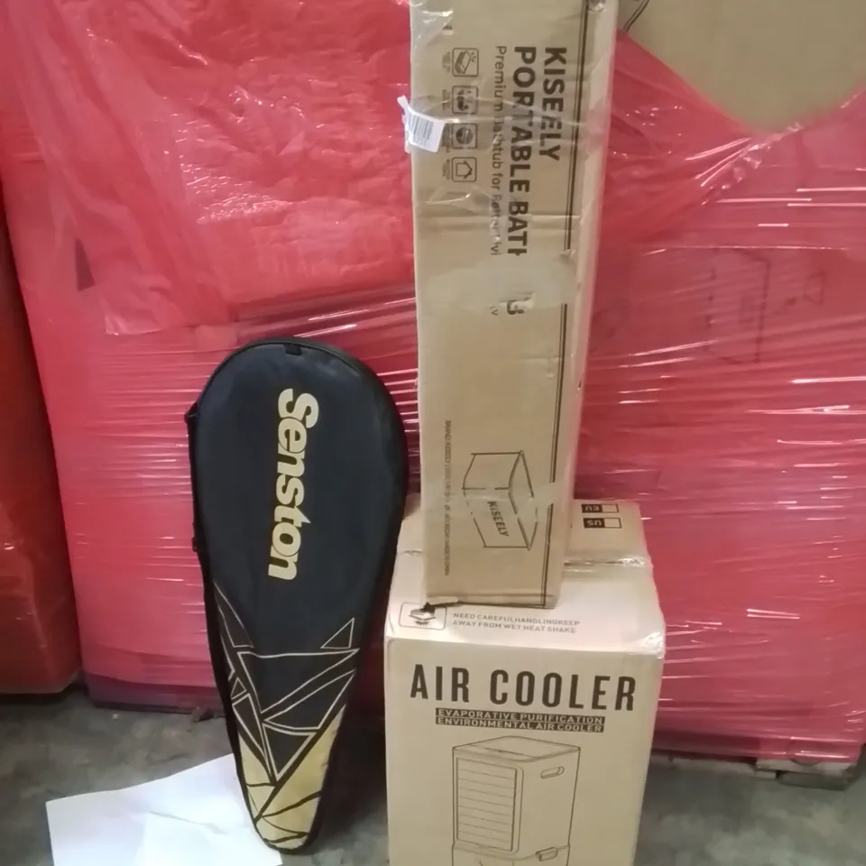 PALLET OF ASSORTED HOUSEHOLD GOODS AND PRODUCTS TO INCLUDE;TENNIS RACKETS,PORTABLE BATHTUB,AIR COOLER