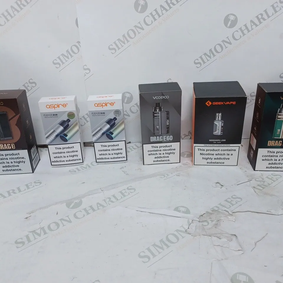 LOT OF APPROXIMATELY 10 BOXED E-CIGARETTES TO INCLUDE VOOPOO DRAG 4, THELEMA MINI, AND ASPIRE FLEXUS STIK ETC. 