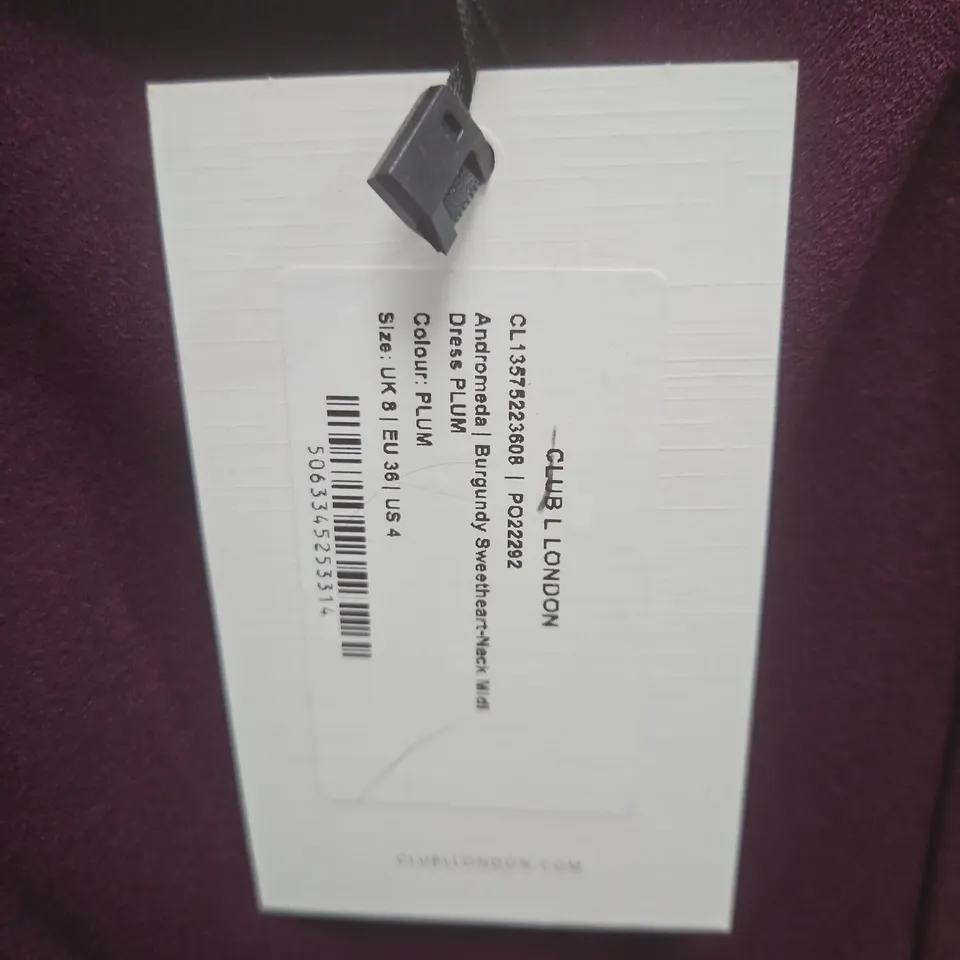 CLUB OF LONDON ANDROMEDA BURGUNDY SWEET HEART NECK MIDI DRESS IN PLUM - UK 8