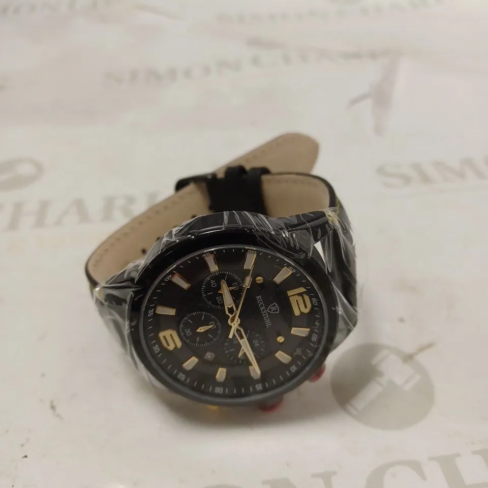 MEN’S RUCKSTUHL CHRONOGRAPH WATCH – MODEL R120 – BLACK MULTI-FUNCTION DIAL – BLACK GENUINE LEATHER STRAP – 3ATM WATER RESISTANT 